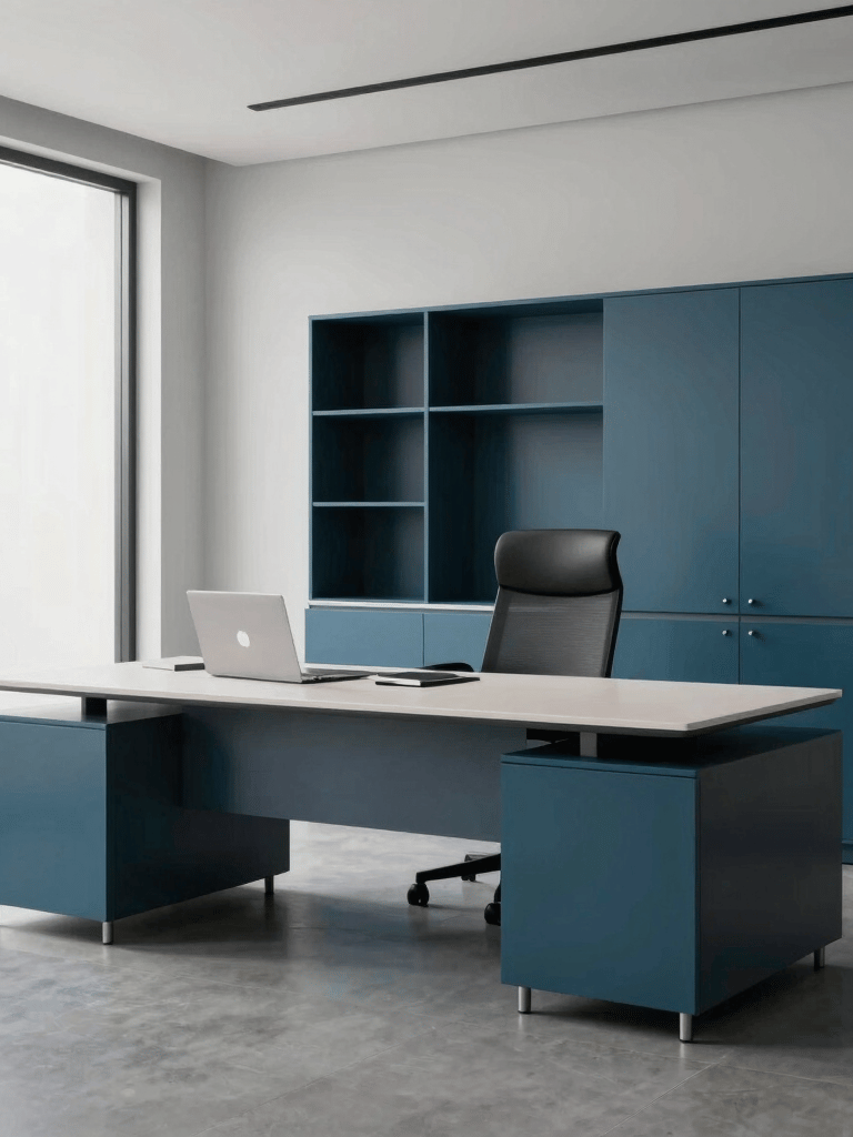 A high-end, minimalist office interior in Oceania, featuring sleek furniture in Steel Blue and Dark Teal tones. The lighting is soft and professional, emphasizing a sense of established authority and confidence-inspiring calm.