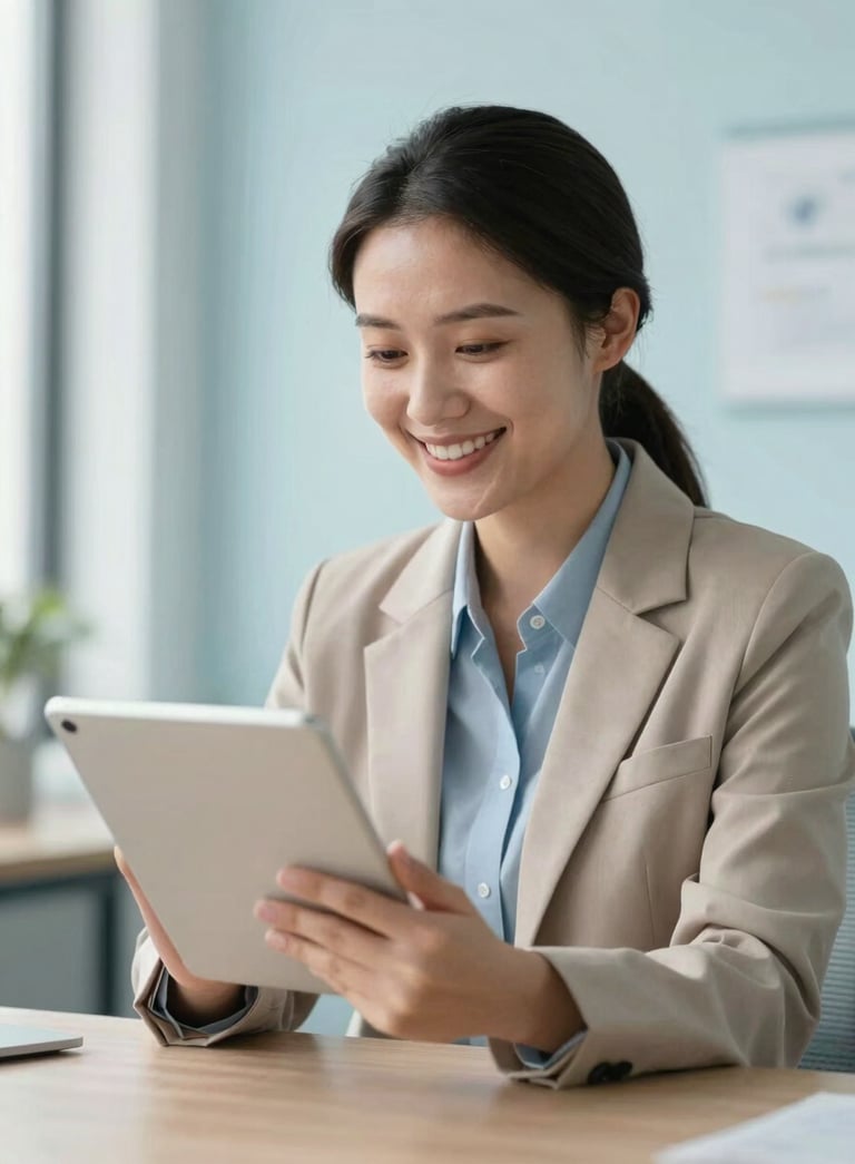 A professional and friendly health insurance consultant smiling while looking at a digital tablet in a bright, modern office with pale ice blue wall accents.