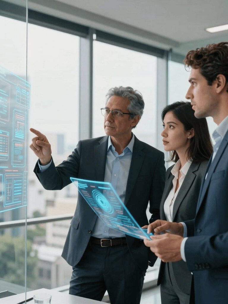Professional South American technology consultants looking at a holographic data visualization in a sleek glass-walled office in Sao Paulo, bright natural light.