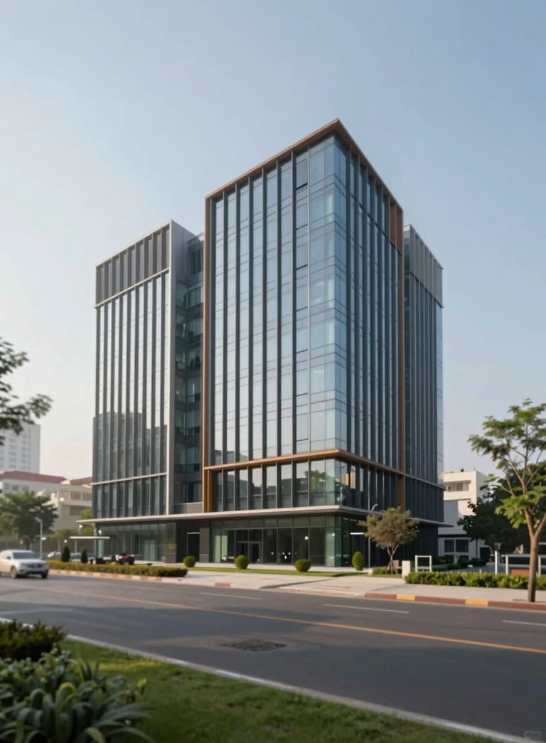 A wide-angle, clean architectural shot of a contemporary commercial building in Faridabad under a clear sky. The design is modern with glass and steel, incorporating #2C3E20 and #5B824E in the surrounding landscaped greenery, conveying stability and reliability.