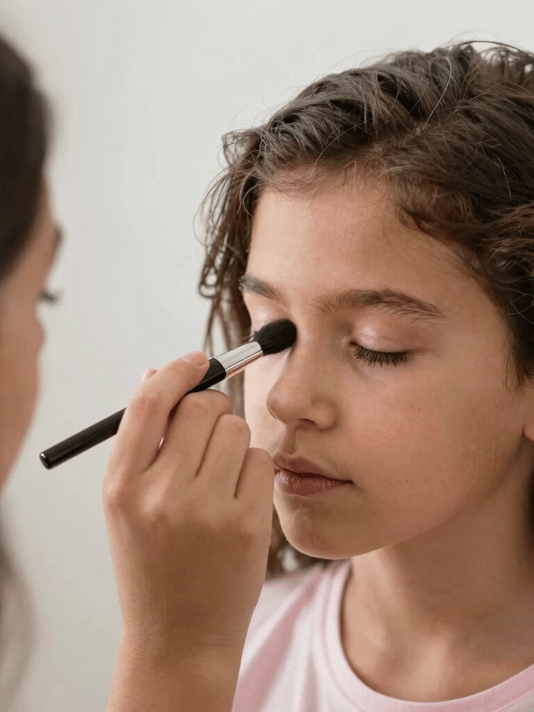Portrait of a woman applying foundation with a soft brush in a cozy room