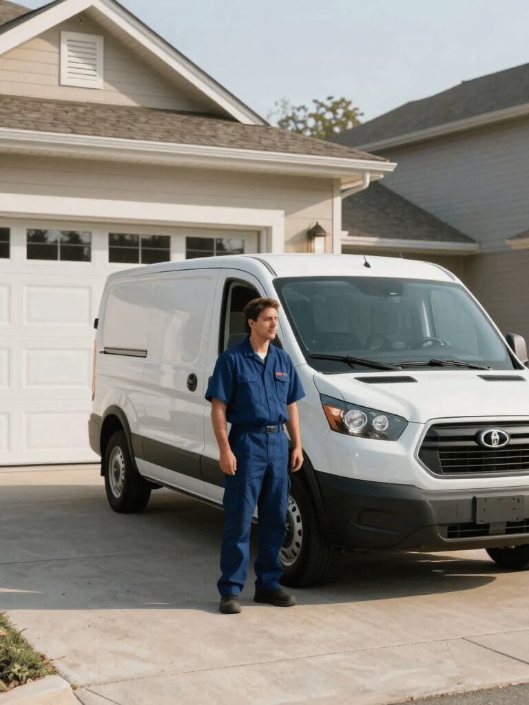 A wide-angle photography shot of a professional service technician in a clean uniform standing next to a white service van in a North American suburban driveway, with a large, well-maintained garage door in the background. Bright, natural morning light.