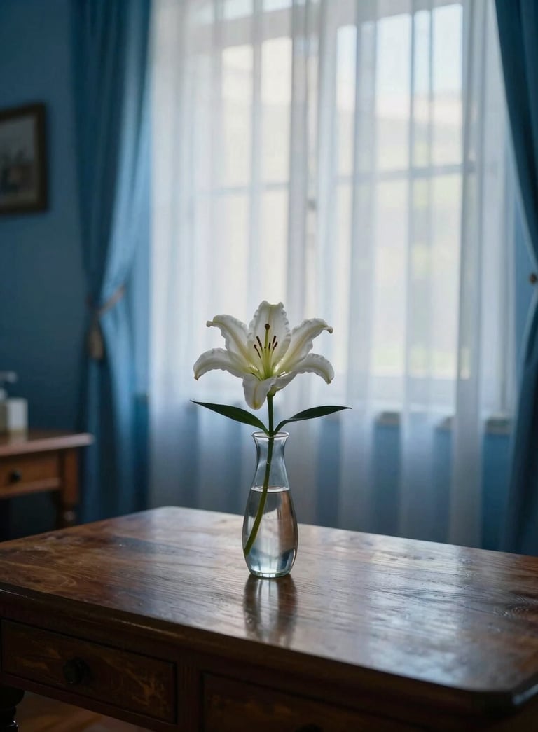 A serene and respectful indoor setting in a South American / Peruvian funeral home. Soft morning light filters through sheer curtains, illuminating a single white lily in a glass vase on a polished wooden table. The atmosphere is solemn and peaceful, using Deep Midnight Blue and Pale Sky Blue tones.