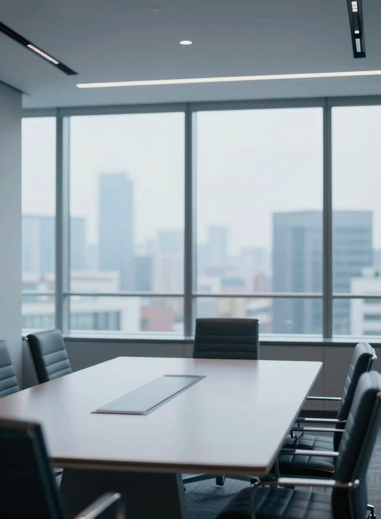 A modern corporate meeting room with floor-to-ceiling windows showing a soft blurred cityscape. The composition focuses on a sleek conference table with leather chairs, emphasizing professional trust and strategic depth. Palette features #0F1E2E and #7AB2B2 accents.