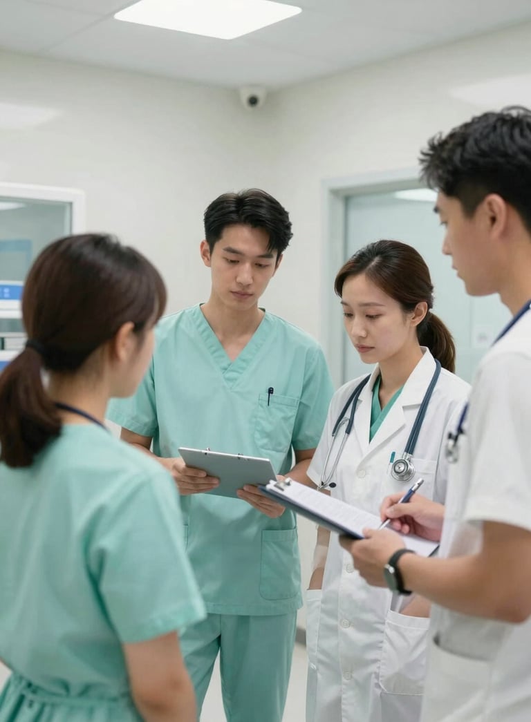 A collaborative healthcare support team in a bright, high-tech North American medical facility. Reassuring and professional atmosphere with soft lighting and seafoam green accents.