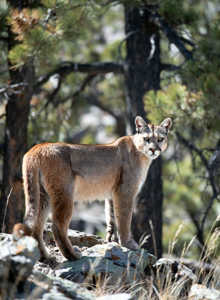 A wild mountain lion standing on a rocky ledge in a pine forest, looking toward the camera.
