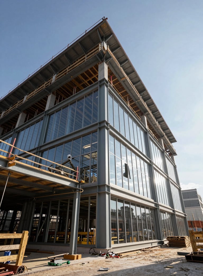 A wide-angle, professional photograph of a modern commercial construction site in a North American urban area, featuring steel beams and large glass windows under a clear sky.
