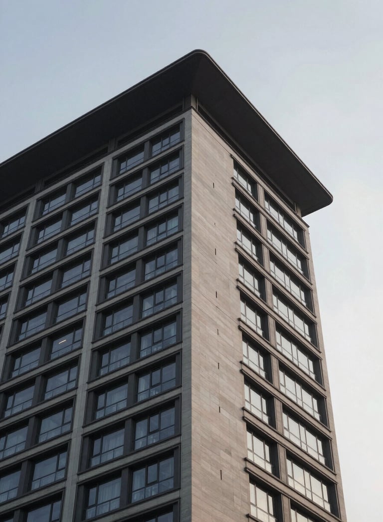 A low-angle shot of a modern high-rise building against a soft grey sky, highlighting the clean lines of the roof and external walls, symbolizing durable protection and professional structural solutions.
