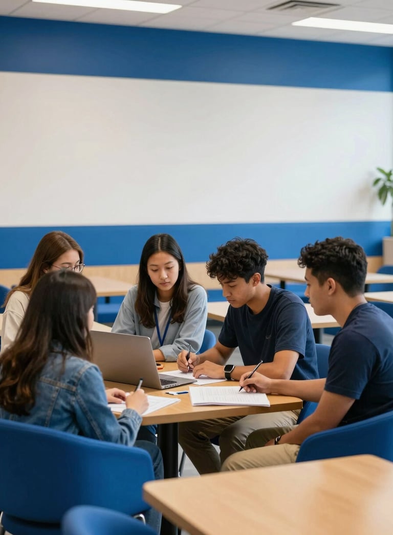 A group of diverse students collaborating on a project in a North American / US campus lounge, featuring clean lines and royal blue decor, professional atmosphere.