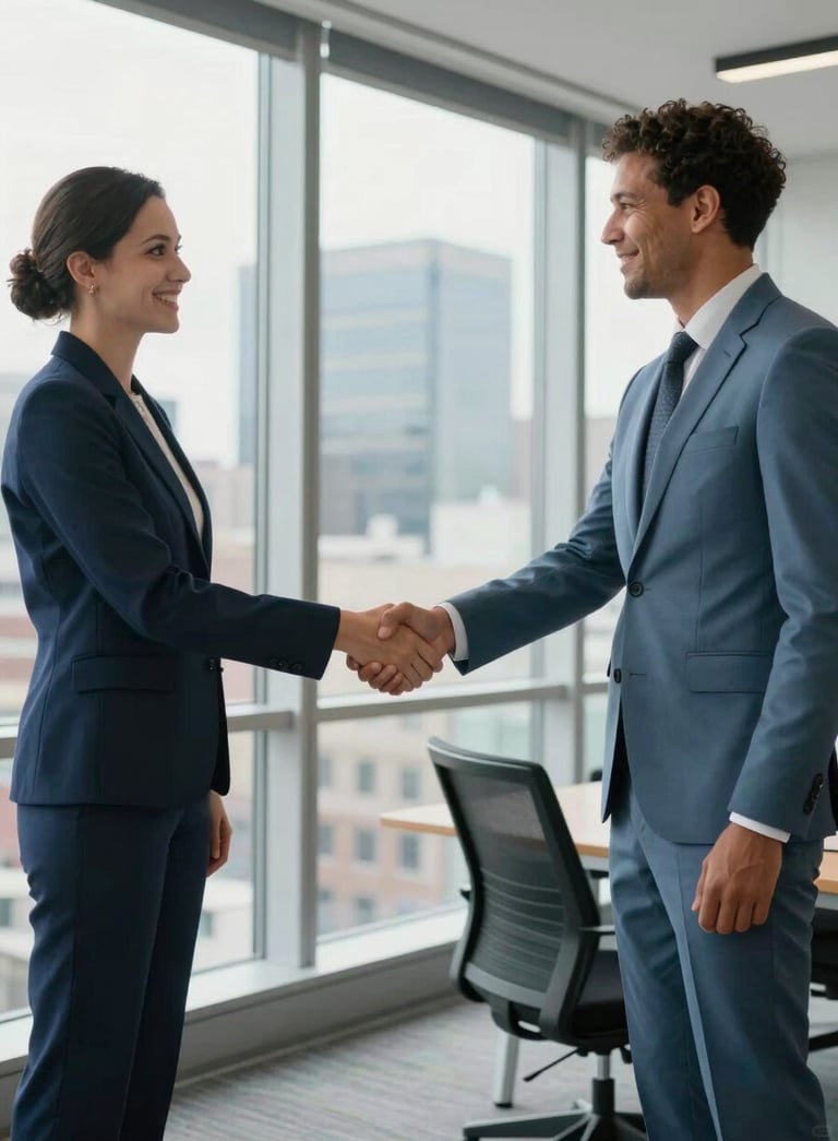 Two diverse professionals shaking hands in a bright, modern North American / Quebecois office in downtown Montreal, floor-to-ceiling windows, professional attire, brand colors Dark Navy Blue and Dusty Blue reflected in the office furniture.