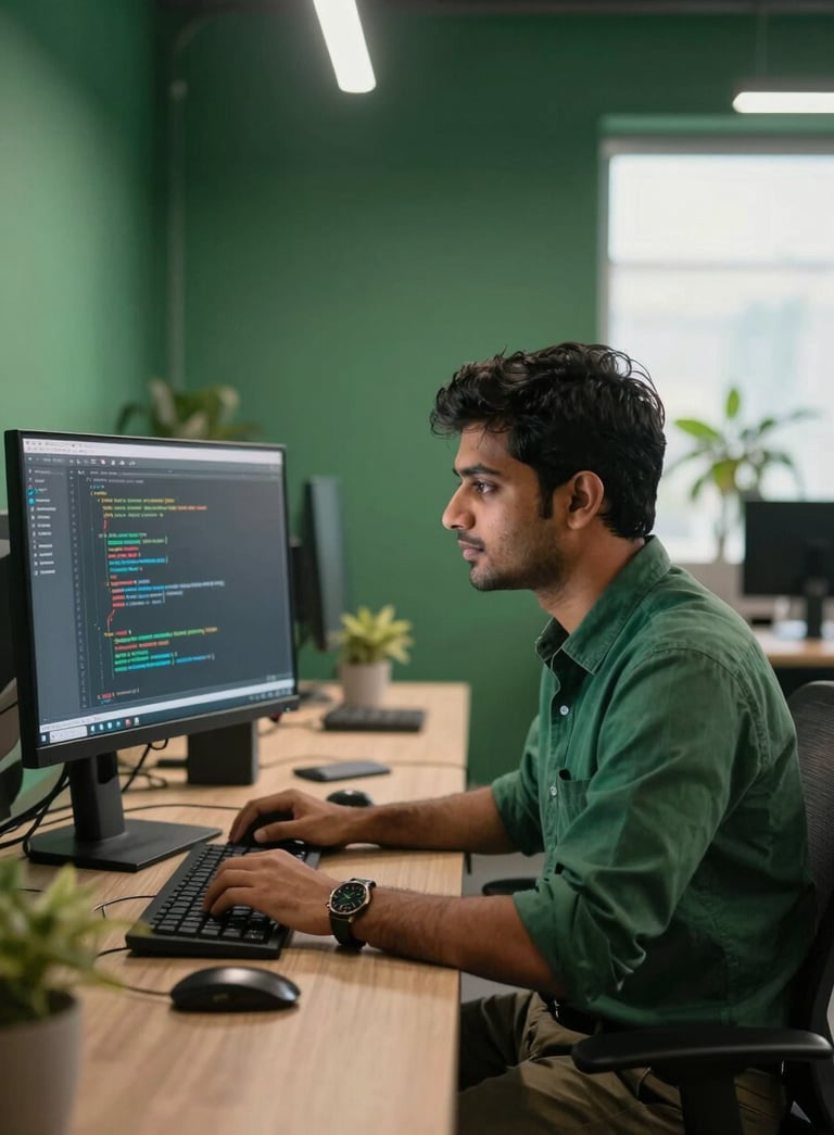 A professional software developer in a modern South Asian / Bangladeshi office, focused on a monitor with code, soft morning light, deep forest green and rich emerald green tones in the decor.