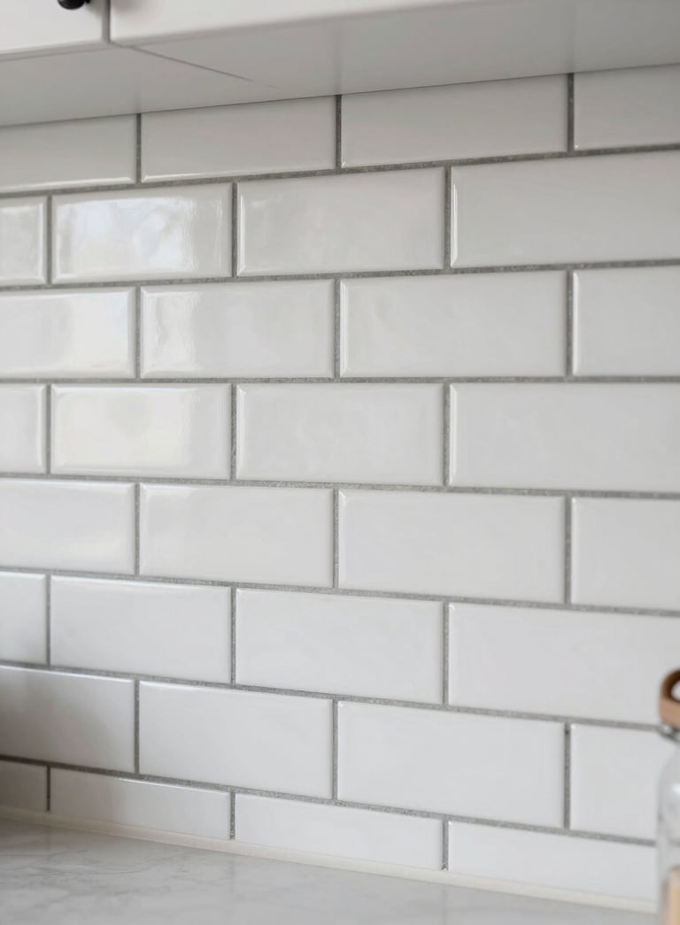 An elegant, clean-lined kitchen backsplash featuring white subway tiles in a herringbone pattern with contrasting dark slate grout. Sharp, precise photography with soft natural side lighting in a modern US residential setting.