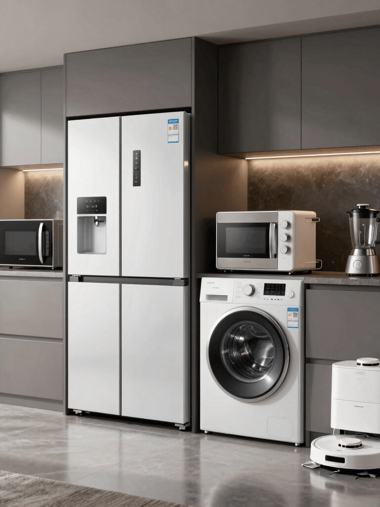 Circular icon showing modern home appliances like a blender and toaster on a light background