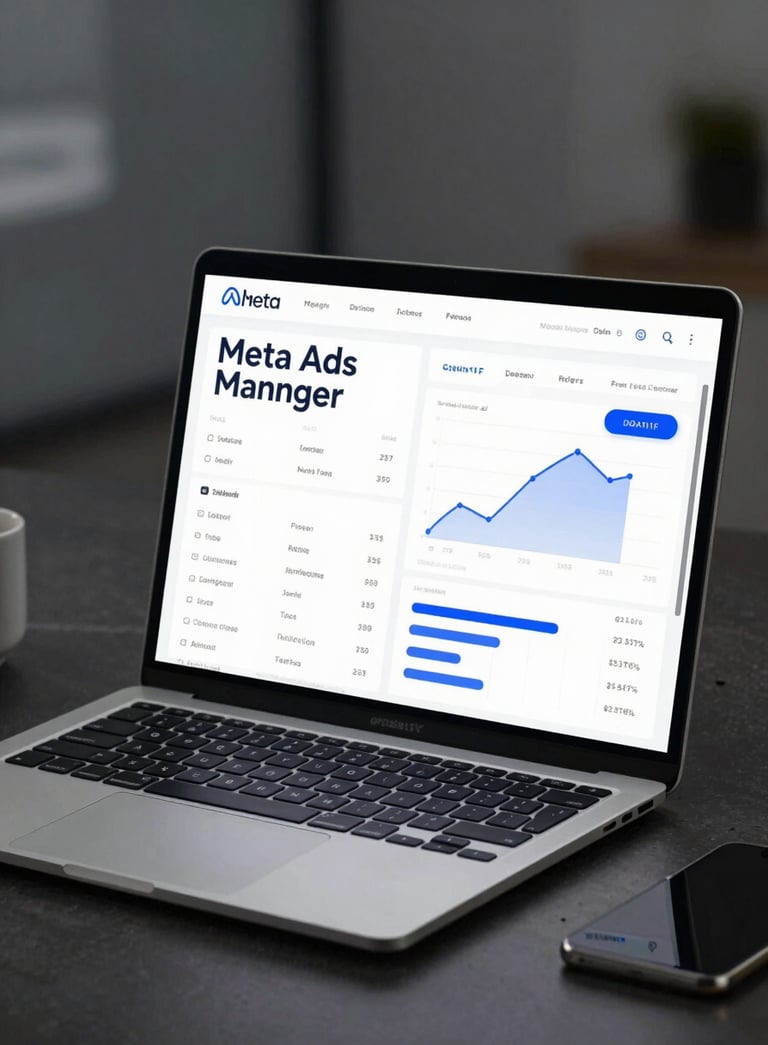 A sleek, high-end workspace with a laptop showing Meta Ads Manager analytics, high-quality photography, cinematic lighting, professional aesthetic incorporating #0A111F and #33415C color tones.