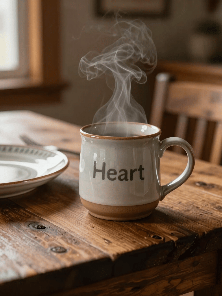 Cozy morning scene in a North American cottage style dining room, featuring a steaming ceramic mug from Clay Heart resting on a rustic wooden table next to a stoneware plate.