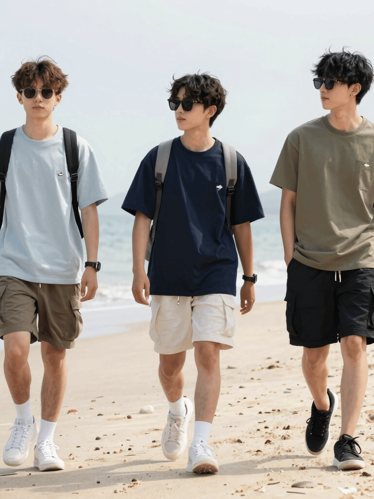 A relaxed man in comfortable casual wear, walking through a park on a sunny day.