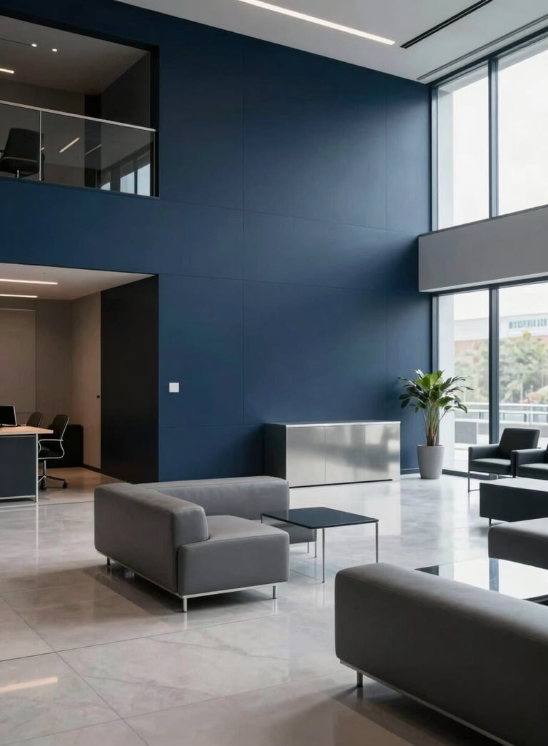 A wide-angle professional photograph of a minimalist, modern office lobby. The scene features deep navy walls, steel grey furniture, and bright natural lighting reflecting off clean surfaces.