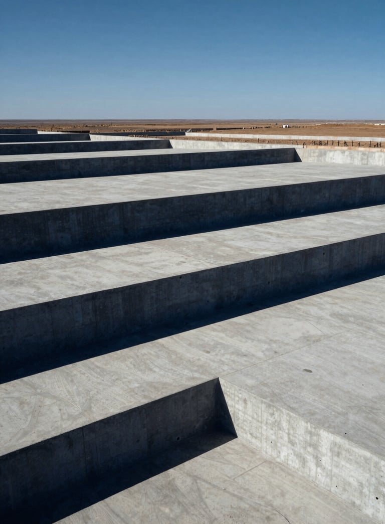 A high-angle professional photograph of a large-scale infrastructure project in Bolivia. The composition is geometric and clean, featuring dark navy blue shadows and light grey concrete under a clear sky.