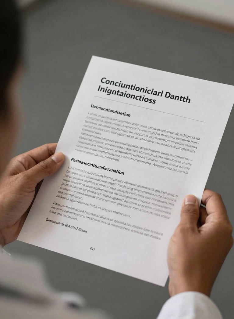 A close-up photograph of a Latin American researcher's hands holding a printed academic report on migration, soft lighting, professional and clean aesthetic, with a neutral off-white and dark grey color palette.