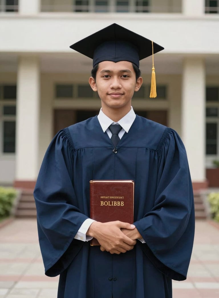 A portrait of a Southeast Asian / Indonesian student in a dark slate blue graduation gown, holding a leather-bound Bible, standing in front of an academic building, soft lighting, professional style.