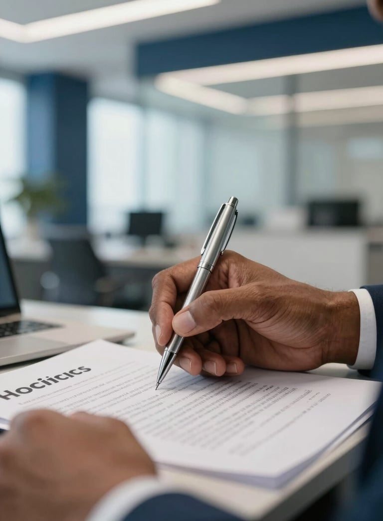 A close-up photograph of professional South Asian / Indian hands holding a silver pen over a clean, modern logistics contract. The background is a blurred view of a bright, modern office with dark blue accents, conveying trust and formal consultation.