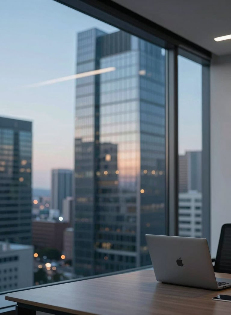 Clean and professional photography of a modern North American tech hub office space with a blurred background of a glass skyscraper cityscape, soft Sky Blue and Deep Blue ambient lighting, sophisticated and minimalist style.