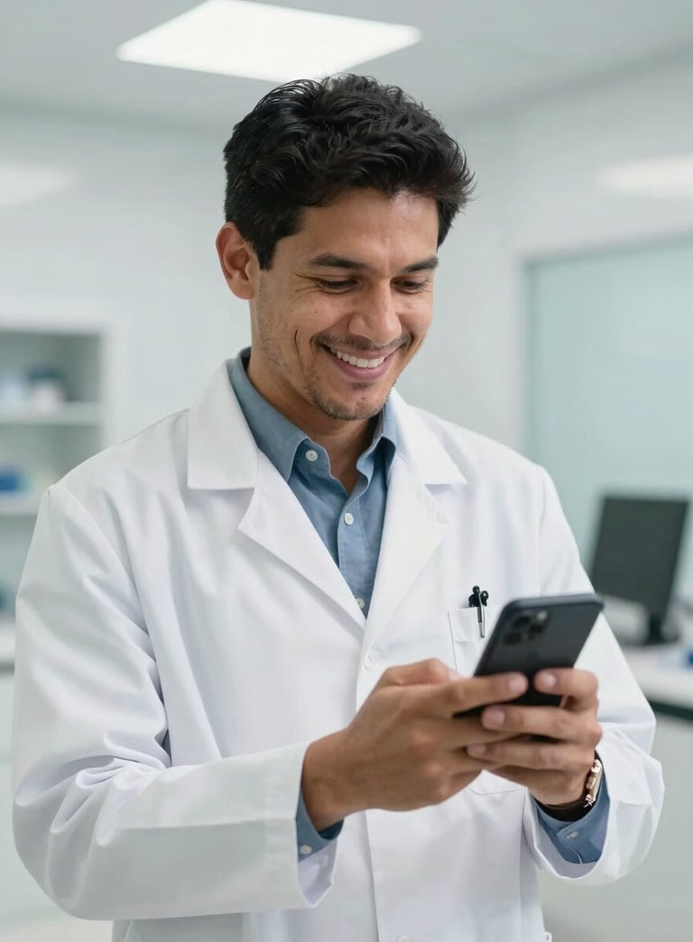 A professional and friendly South American male doctor in a modern white clinic, smiling while looking at a smartphone, bright and airy lighting, clean professional setting.