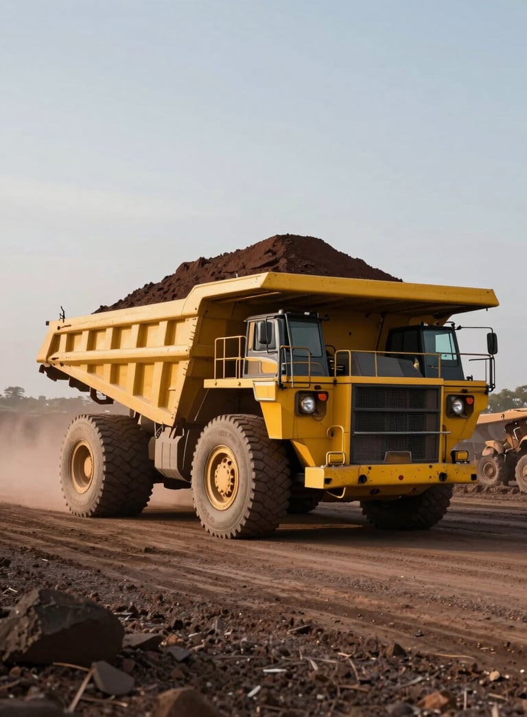 A massive yellow mining truck carrying a full load of copper ore on a wide dirt road, wide angle shot, dramatic morning light, efficiency and scale, global professional context.