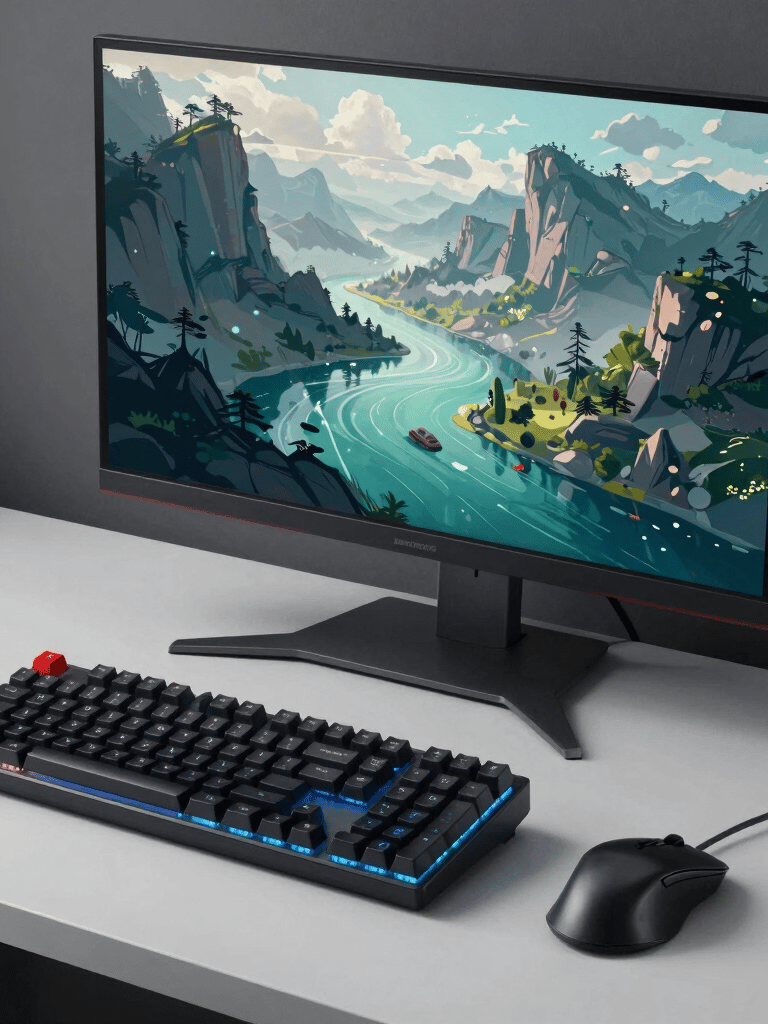 A clean and modern North American gaming setup with a backlit mechanical keyboard, an ergonomic mouse, and a large monitor displaying a colorful, inviting digital landscape in shades of teal and gray.