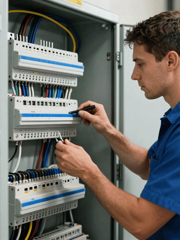 A professional electrician in a clean North American / US (Florida) uniform working on an electrical panel. The panel is organized with precision. Bright, airy lighting with electric blue accents.