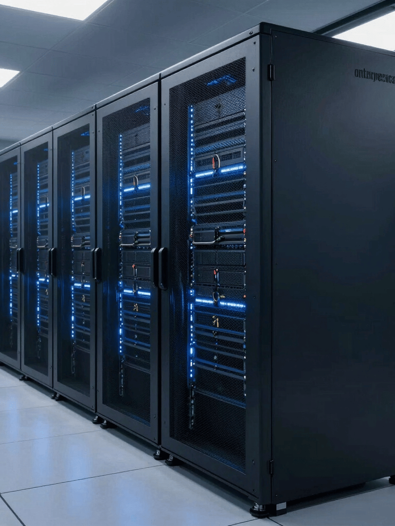 A sleek, modern North American server room with cool deep navy lighting, glowing server racks, and a polished floor. Wide-angle professional photography emphasizing cutting-edge technology and scale.