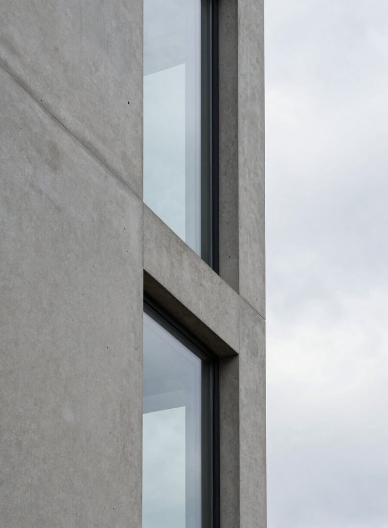 Close-up of a modern architectural detail, showing the intersection of a concrete wall and a glass pane against a cloud white sky, emphasizing precision and clean lines.