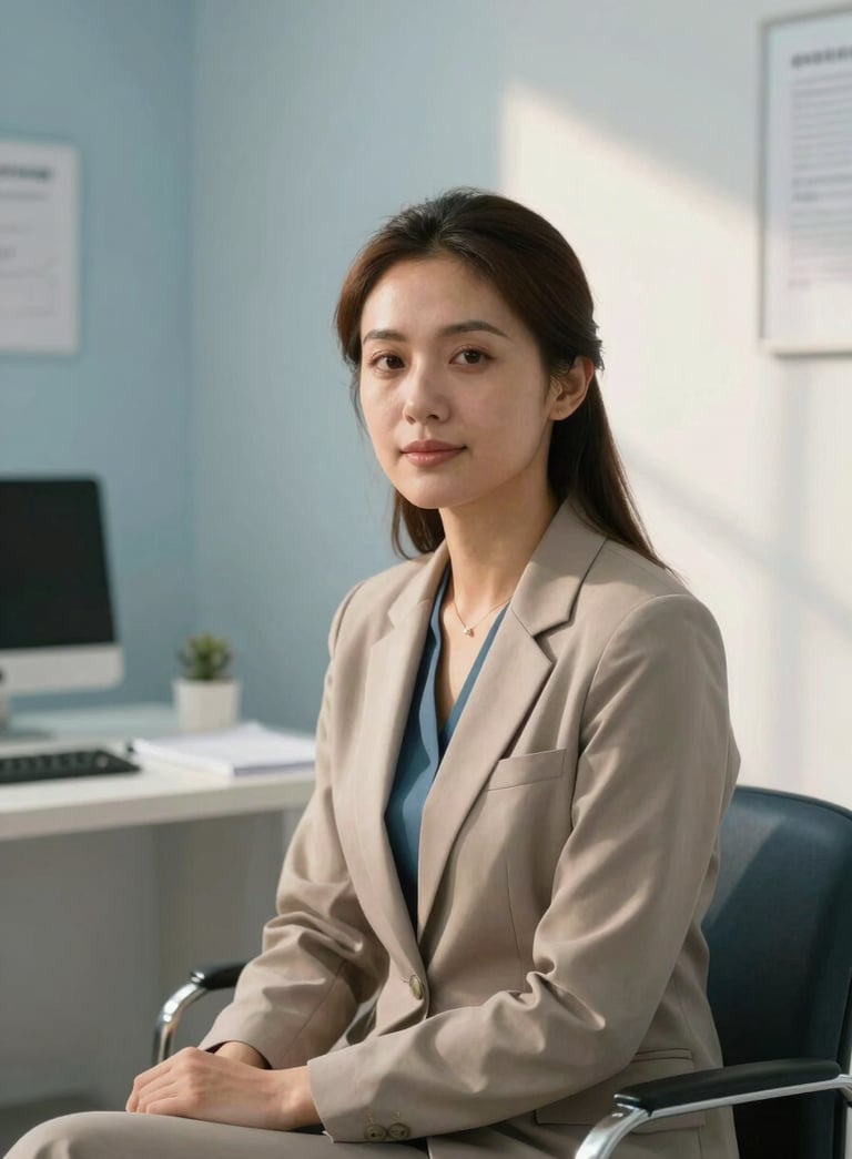 A professional psychologist sitting in a bright, modern North American clinic office, looking empathetically toward the camera. The lighting is warm and natural, with a background featuring soft slate blue walls and clean white accents.