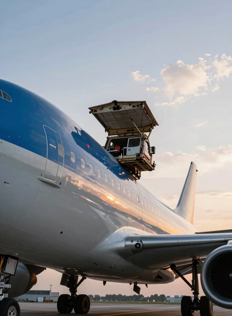 A large cargo airplane being loaded at dawn, with steel blue and cloud white highlights reflecting off the fuselage, professional logistics aesthetic.
