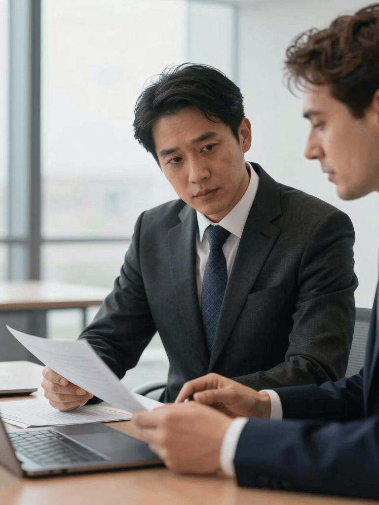 A professional business consultation taking place in a bright, modern Ilford office. Two people in formal British business attire discussing documents, natural lighting, sophisticated atmosphere.