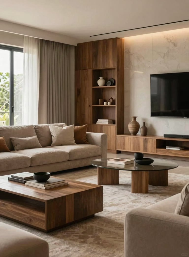 Lifestyle photography of a modern living room in a sophisticated South American / Brazilian home. Elegant furniture in warm sand and muted taupe tones under soft, natural lighting. Atmosphere of quality and trust.