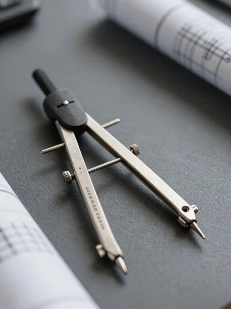 A macro photograph of technical blueprints and a precision compass on a charcoal gray desk, symbolizing engineering expertise and attention to detail, professional European office setting.