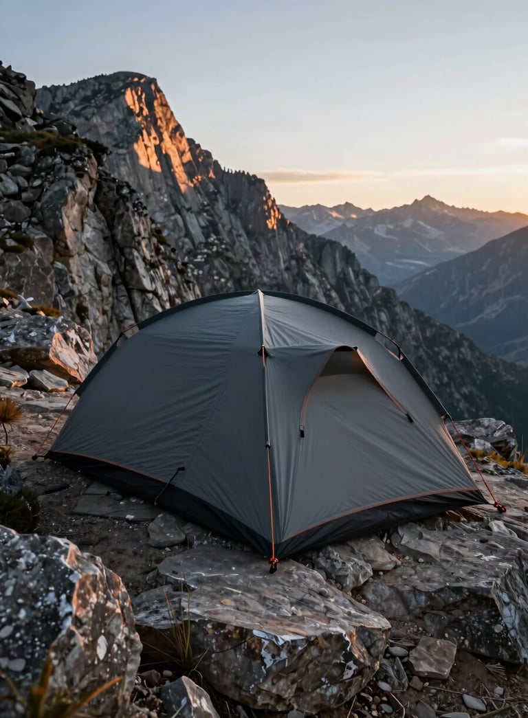 A high-impact photography shot of professional mountain tents pitched on a rugged cliffside at dawn, with dramatic sunlight hitting the peaks. The composition is sleek and modern, highlighting the high-quality fabric and robust construction. Global / Western style.