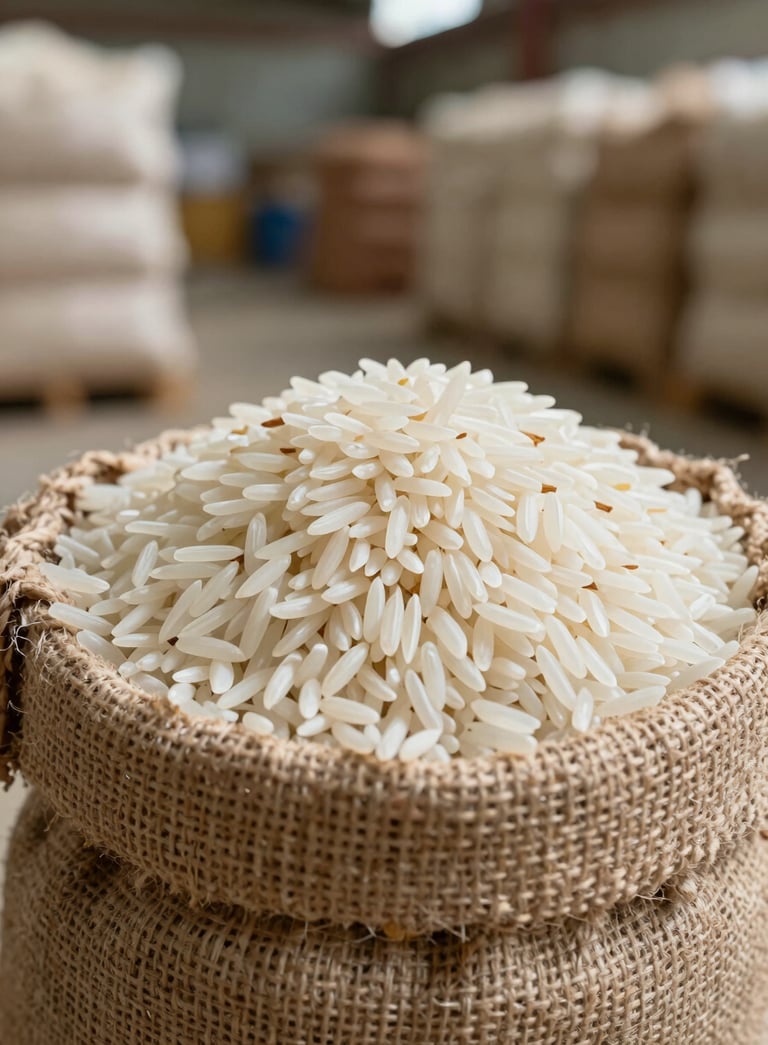 A professional close-up photograph of a burlap sack overflowing with premium, long-grain white Basmati rice. The lighting is bright and clean, emphasizing the quality of the grains. In the soft-focus background, a South Asian / Indian agricultural warehouse setting is visible, suggesting export readiness.