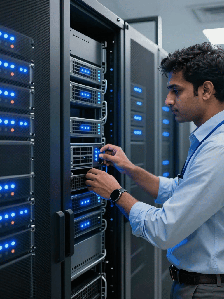 A high-tech server room with glowing bright blue LED indicators on rows of server cabinets. A South Asian IT technician in professional business-casual attire is inspecting a hardware rack. The lighting is clean and modern, highlighting a sense of cutting-edge technology.