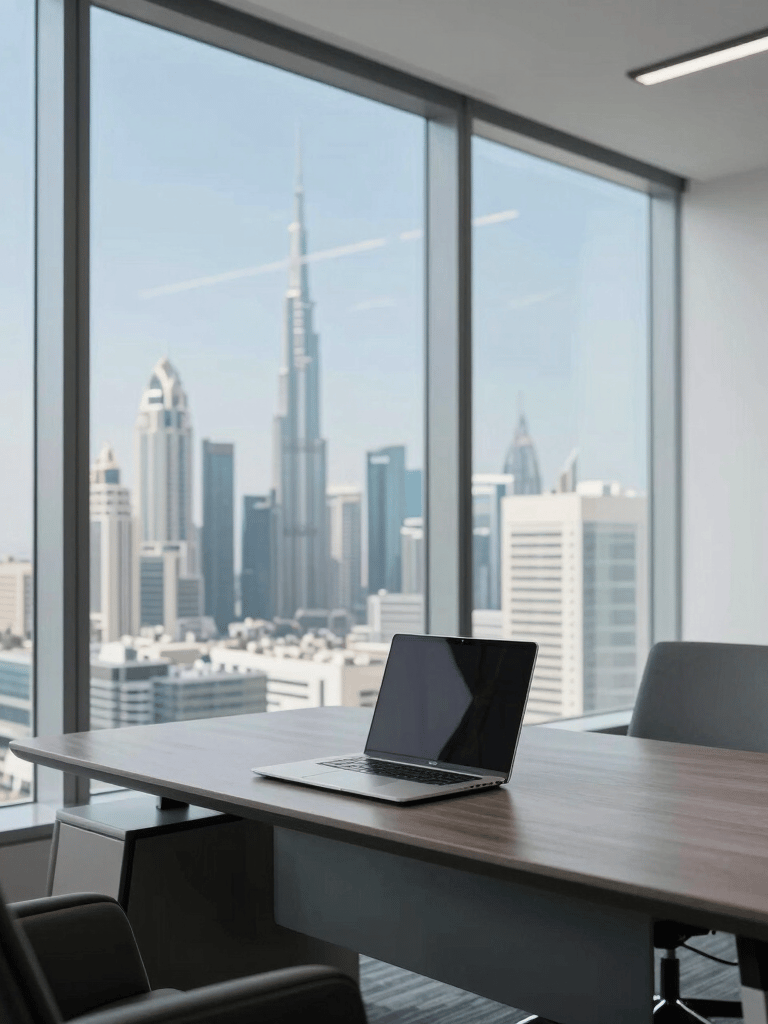 A high-end, modern office interior in Dubai with floor-to-ceiling windows overlooking a cityscape, featuring a clean desk with a minimalist laptop, professional lighting, and a sophisticated atmosphere in shades of sky blue and slate gray.