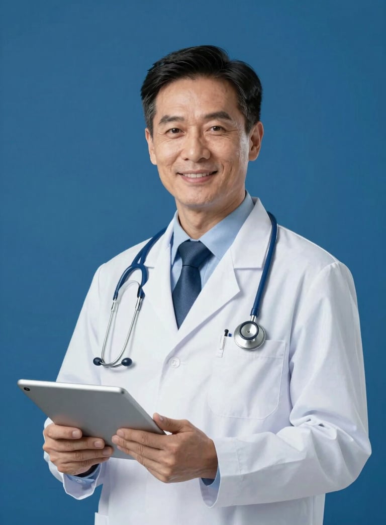 A professional doctor wearing a white coat and a stethoscope, smiling with calm reliability. The doctor is holding a tablet. Studio lighting, soft shadows, incorporating the brand colors #1E5C6B and #EEF8F7 in the background and clothing accents.