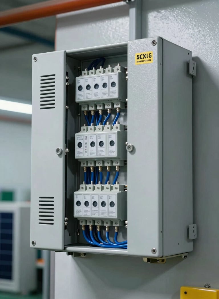 A professional close-up photograph of a modern industrial solar inverter system mounted on a facility wall, with steel blue wiring and clearly labeled electrical components.