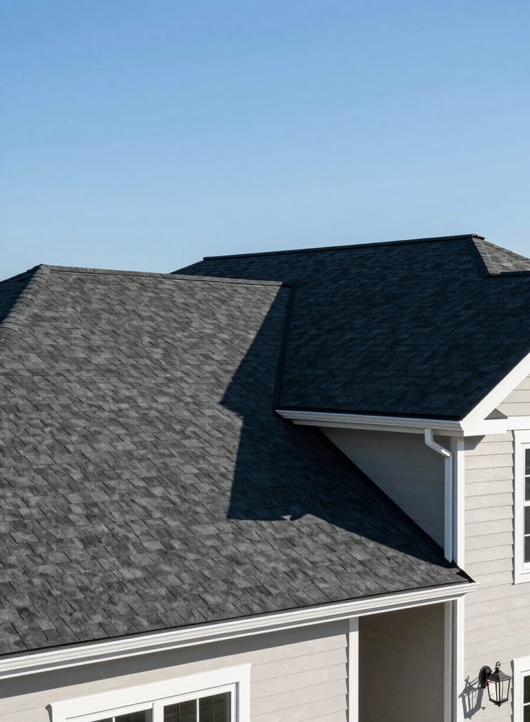 A wide-angle professional photograph of a beautiful North American suburban house featuring a newly installed dark asphalt shingle roof and clean white gutters, clear blue sky background.