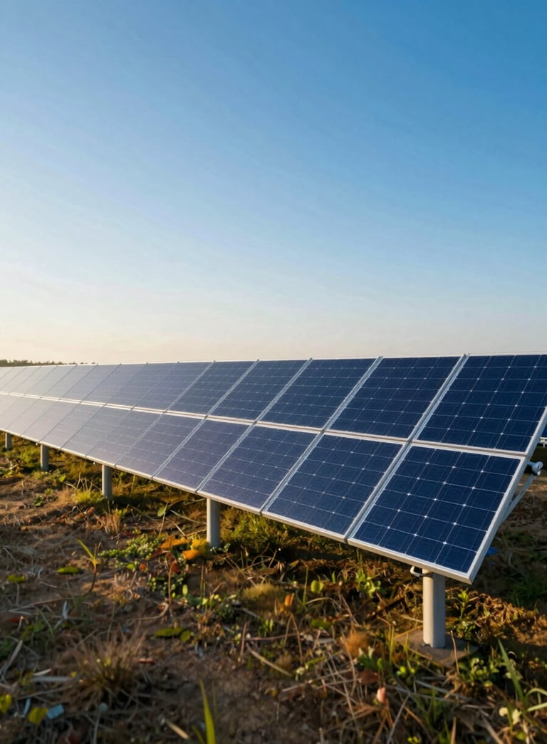 High-tech solar farm in a vast field at sunrise, professional wide-angle shot, clean blue sky, the solar panels reflecting the morning light, modern and reliable aesthetic using tones of #0A1C2C and #8ECFC4.