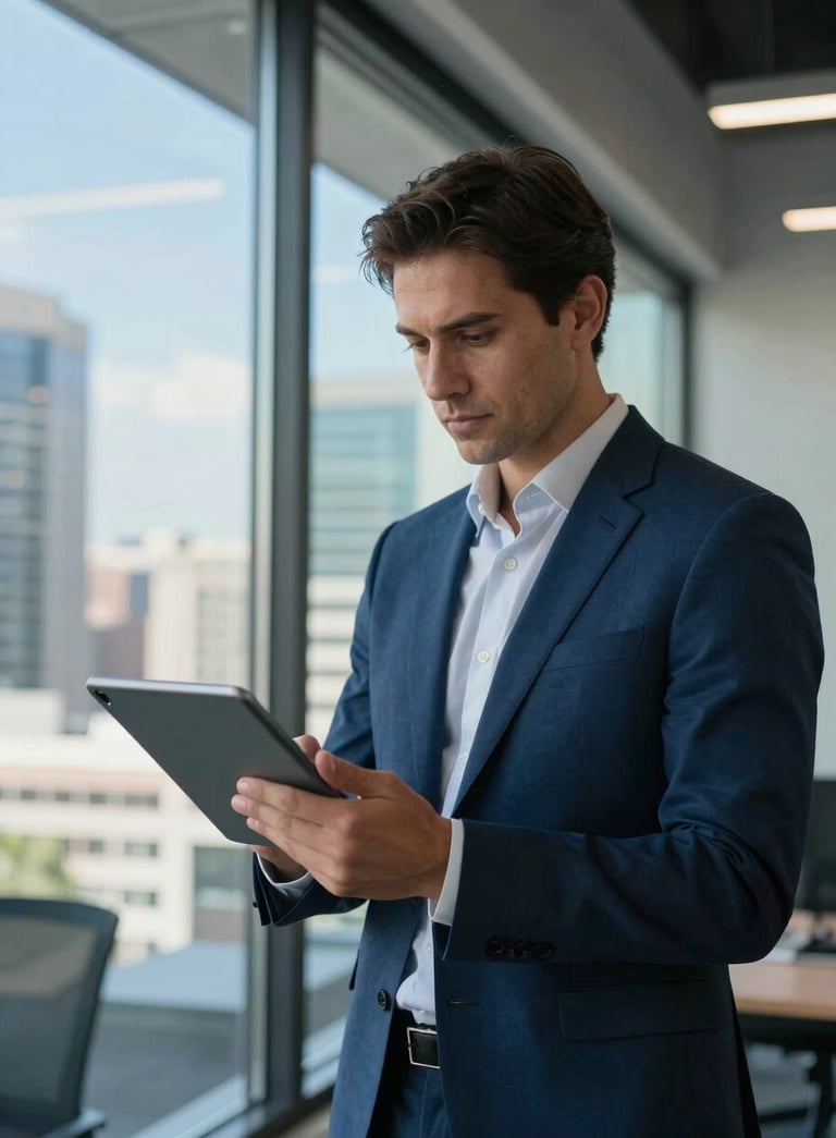 A professional IT consultant in a modern Atlanta office, wearing a dark blue suit, looking thoughtfully at a tablet with soft sky blue reflections on the glass.