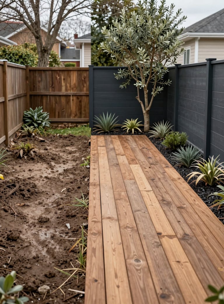A split-screen before and after shot of a backyard. The left shows a muddy, empty yard; the right shows a stunning finished timber deck with muted olive landscaping and dark charcoal modern fencing.
