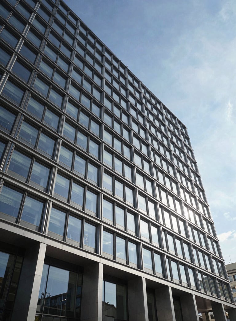 Wide-angle architectural photography of a high-end contemporary office building facade in a European / French city. Clean lines, steel and glass materials, shot during a bright day with a clear ice blue sky.