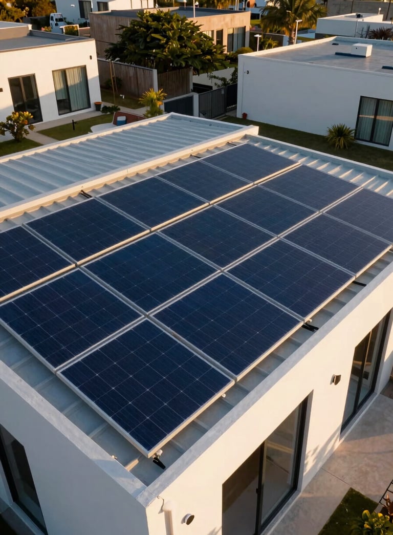 A stunning high-angle shot of a modern sustainable home in a Global Hispanic region featuring integrated solar panels on its sleek roof. The scene is bathed in golden hour light, highlighting the deep navy blue glass of the panels and the pearl white walls.