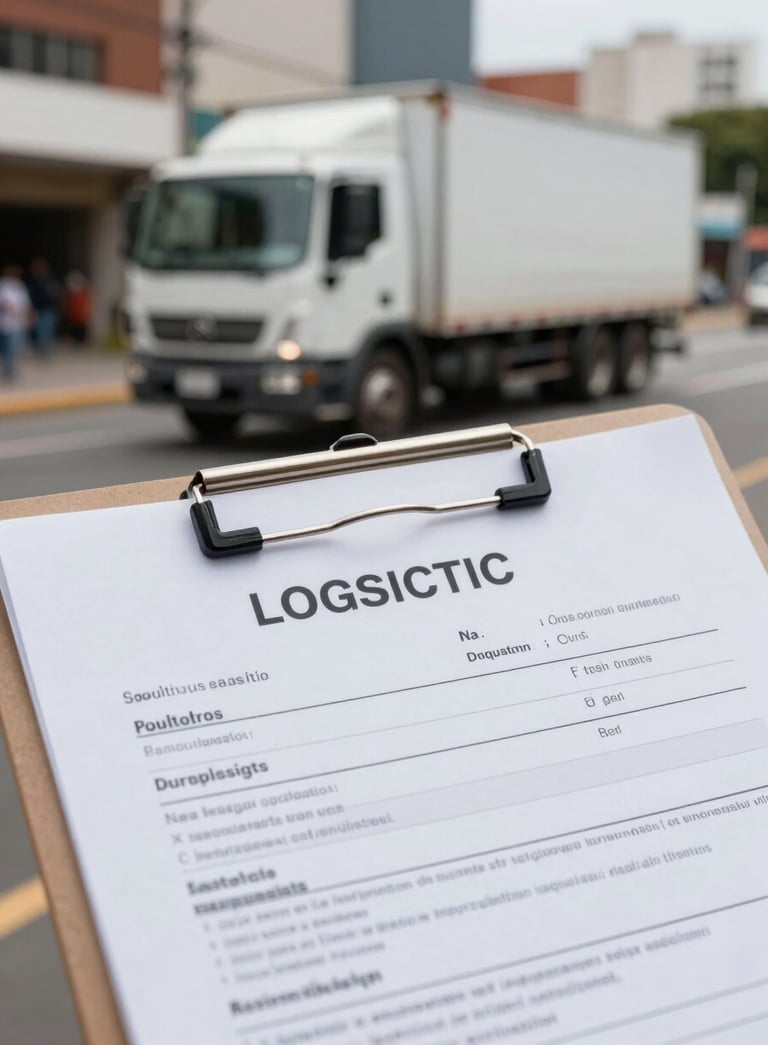 A close up of a professional logistics manifest on a clipboard with a blurry image of a white truck in a South American city in the background, daylight, clean and efficient atmosphere.